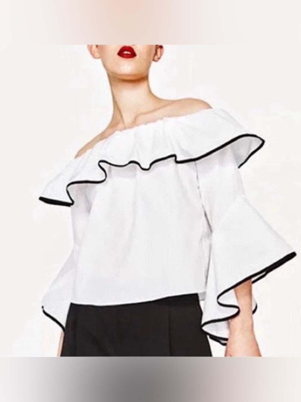 Zara basic white cotton three quarter sleeve top, ruffle sleeves, black piping